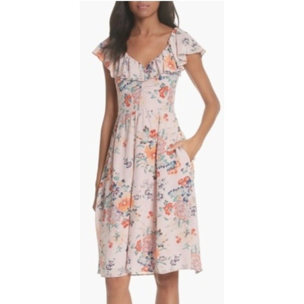 Rebecca Taylor Marlena Ruffle Silk Midi Dress Dusty Rose / Tea Rose Pink, Size 2